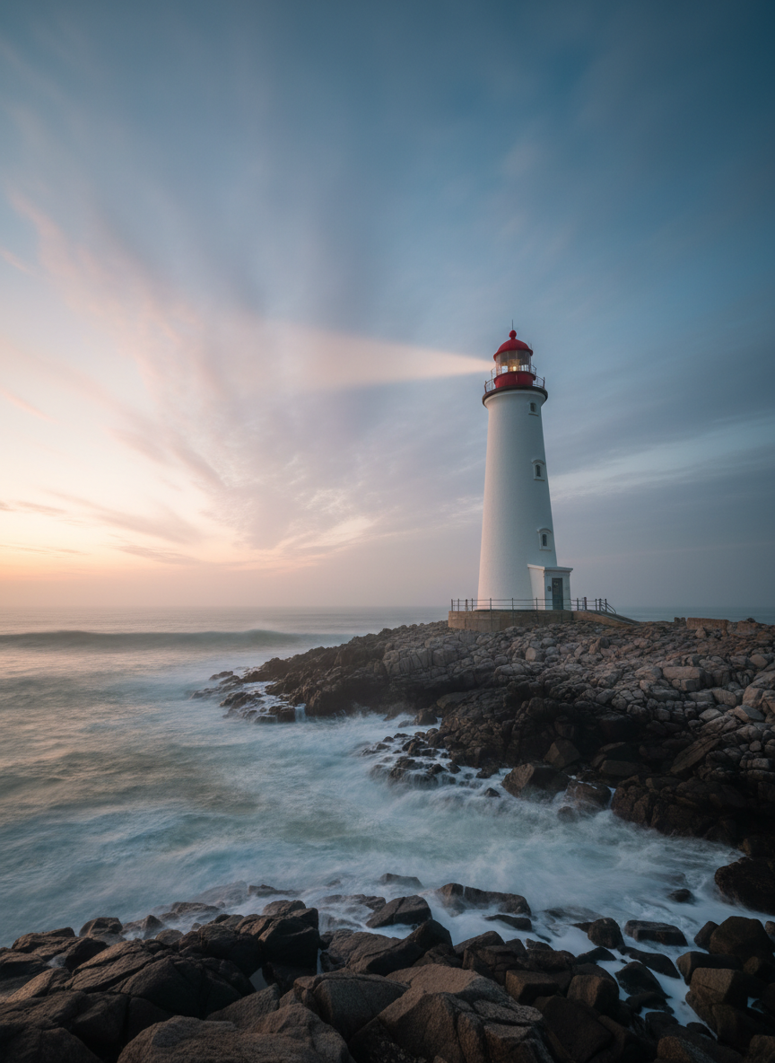 A sturdy lighthouse with a crisp white tower and bold red top stands firmly on a rugged, dark stone coastline, surrounded by softly crashing waves. The sky glows with the first light of dawn, subtle pinks and golds breaking through lingering blue-gray clouds. The lighthouse beam cuts through a gentle ocean mist, forming a bright, reassuring path across the water. Photographic realism, captured from a low, slightly distant angle that emphasizes the tower’s strength and guidance. The mood is hopeful, steadfast, and peaceful, with soft, diffused morning light and gentle contrast, symbolizing faith, direction, and unshakable encouragement in the middle of life’s storms.
