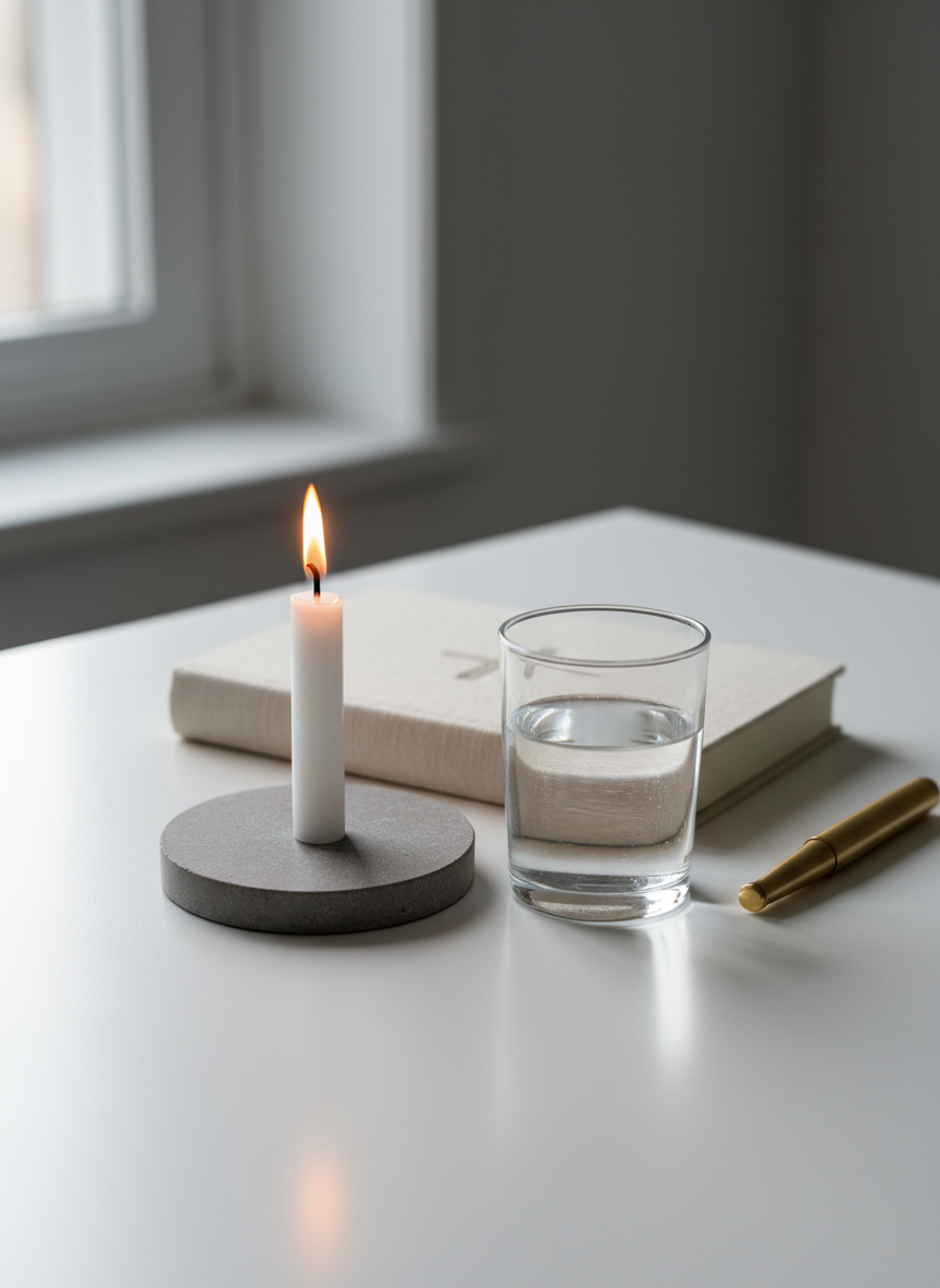 A small, single white candle stands on a matte stone coaster, its steady flame reflecting in a nearby glass of clear water on a clean white desk. Behind them, a closed linen-bound journal with a subtle cross embossed on the cover rests beside a neatly placed brass pen. Diffused early morning light enters from a large unseen window, creating soft, gentle shadows and a serene glow around the candle flame. The background is minimal, fading into a soft blur of cool gray and white tones. Photographic realism, centered composition with shallow depth of field, evokes a quiet, professional, and hopeful mood, symbolizing faith, clarity, and a fresh start to the day.