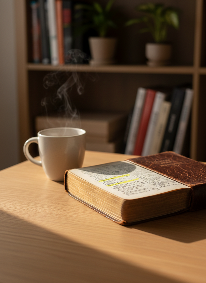 A well-worn leather-bound Bible lies open to a highlighted passage on a smooth, light oak table, its thin, slightly curled pages showing gentle age and use. A simple ceramic mug of tea rests nearby, faint steam curling upward. Soft morning sunlight filters through an unseen window from the left, casting warm, elongated shadows and creating delicate highlights on the embossed cover and gilded page edges. The background fades into a softly blurred bookshelf with a few neatly arranged plants. Photographic realism, shot at eye level with a shallow depth of field, conveys a calm, hopeful, and contemplative atmosphere, perfect for quiet daily reflection and encouragement.