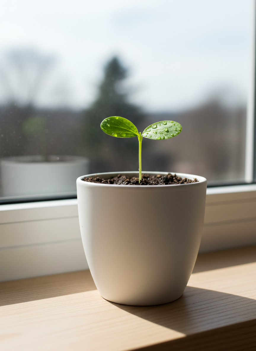 A delicate sprout with two vibrant green leaves emerges from rich, dark soil inside a simple white ceramic pot, positioned on a tidy wooden windowsill. Outside the window, a softly blurred view of a bright but slightly overcast sky and faint tree silhouettes creates a gentle backdrop. Natural light pours in, bathing the sprout in soft illumination and casting a faint, hopeful shadow across the sill. Droplets of water cling to the leaves, catching the light with tiny highlights. Photographic realism, shot from a slightly elevated angle with rule-of-thirds composition and shallow depth of field, conveys renewal, growth, and encouragement in a clean, modern, faith-inspired setting.